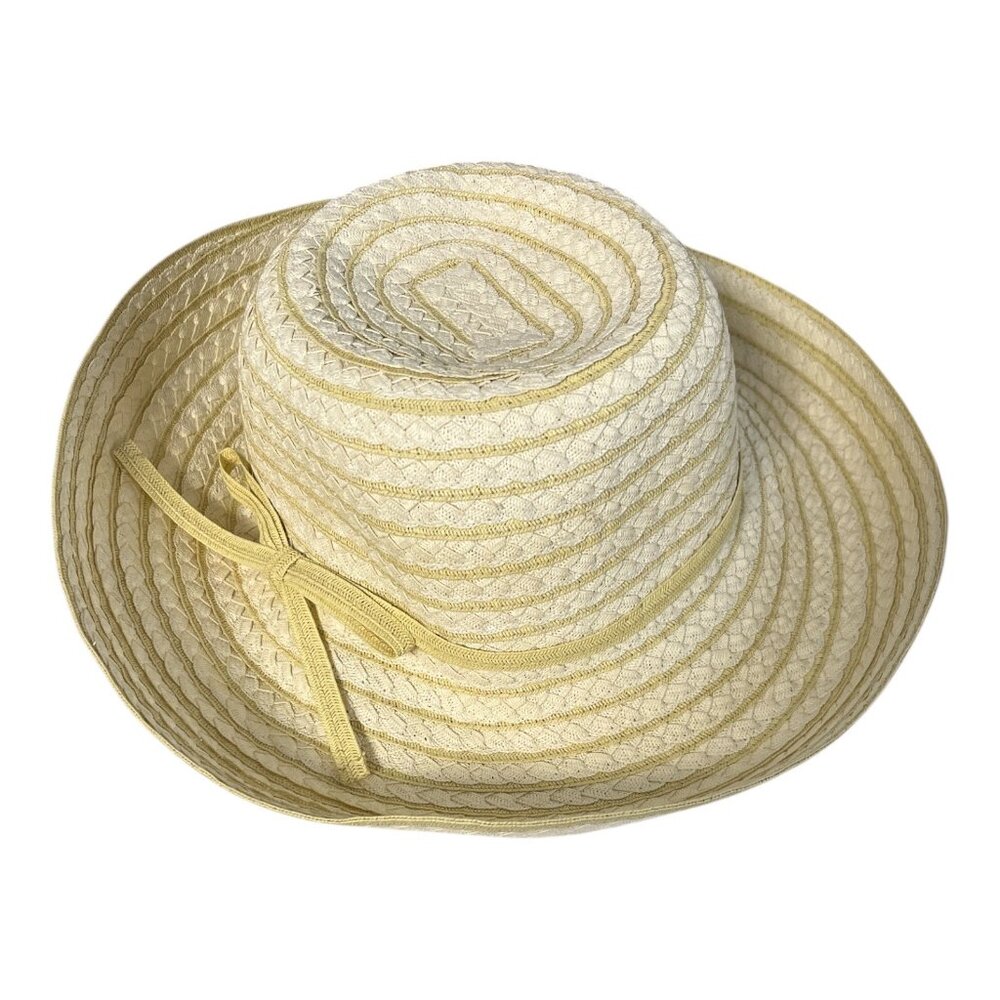Crazy Horse Liz Claiborne Braided Straw Sun Hat Wide Brim Yellow Ribbon Women’s